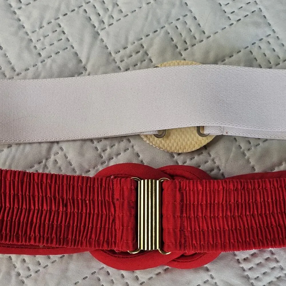 Vintage 80s Rope Elastic Stretch Belts With Buckle Lot Of 3 Polka Dot Wide